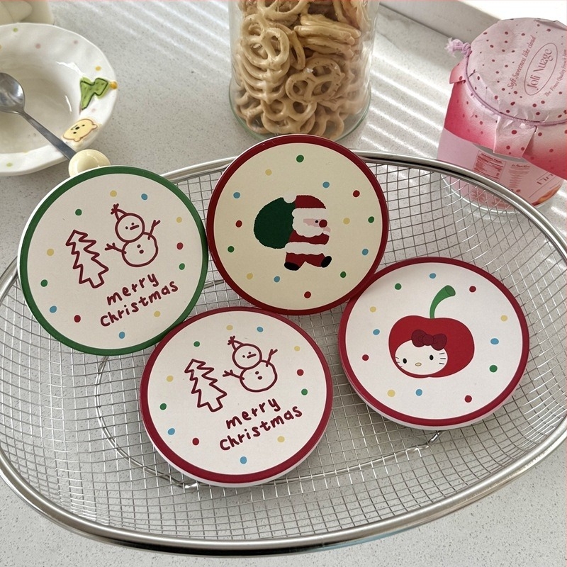 Suport rotund pentru pahar ceramic, cu ilustrație în stil desen animat a unui om de zăpadă de Crăciun, absorbent