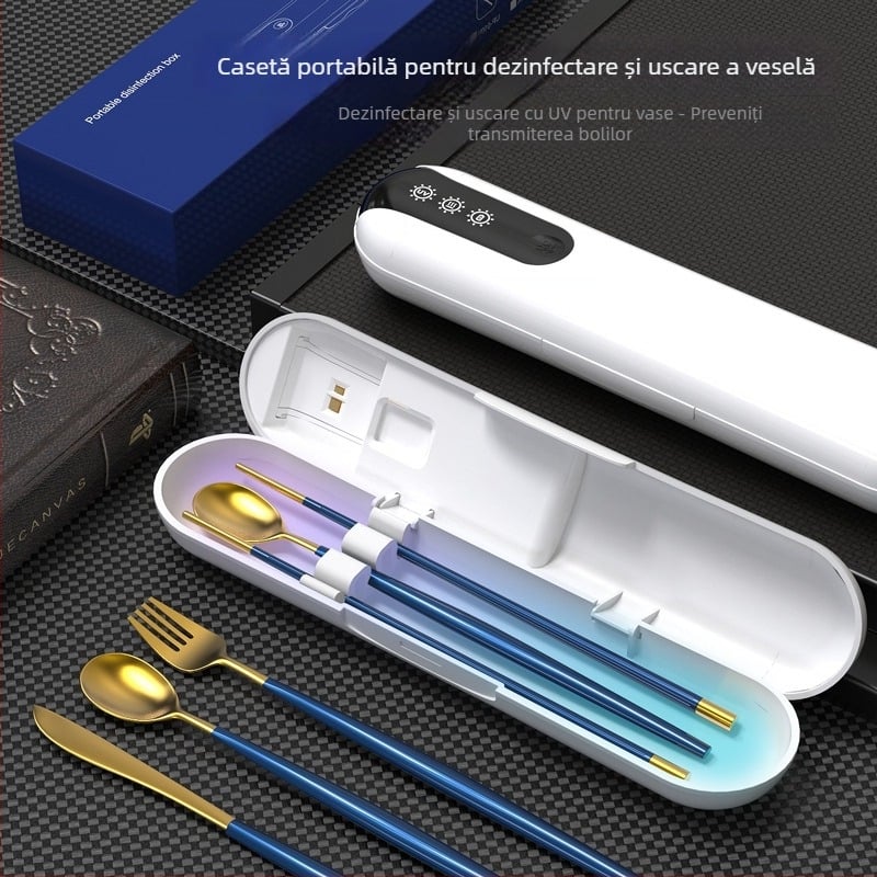 Cutie portabilă pentru tacâmuri cu dezinfecție UV pentru călătorii — ABS, dezinfectare și uscare, cu bețișe pentru mâncare și lingură, brand Aigryo, seria Mamă și Copil