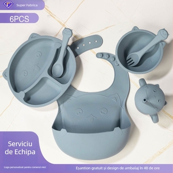Set silicon pentru hrănire copii: bol, lingură, cutie de mâncare compartimentată, pahar — ușor de curățat, rezistent la 230°C, pentru alimentația complementară