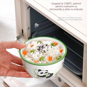 Set Panda din porțelan cu 2 boluri și 2 linguri, sub glazură, stil modern simplu