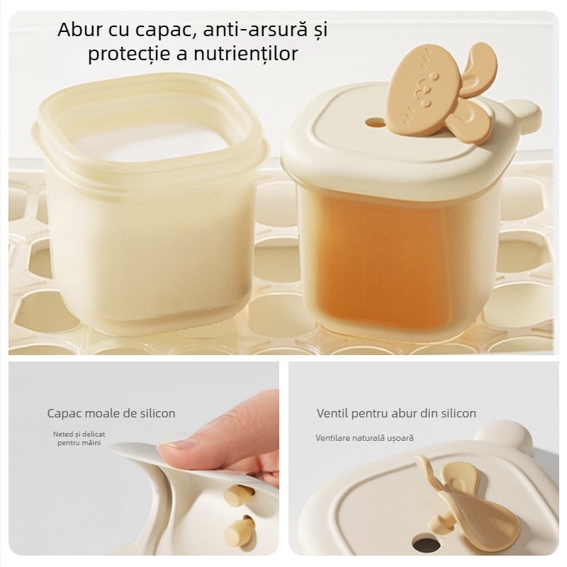 Tavă din silicon alimentar pentru hrana bebelușilor, compartimente divizate și scară de măsurare, capacitate 50 ml