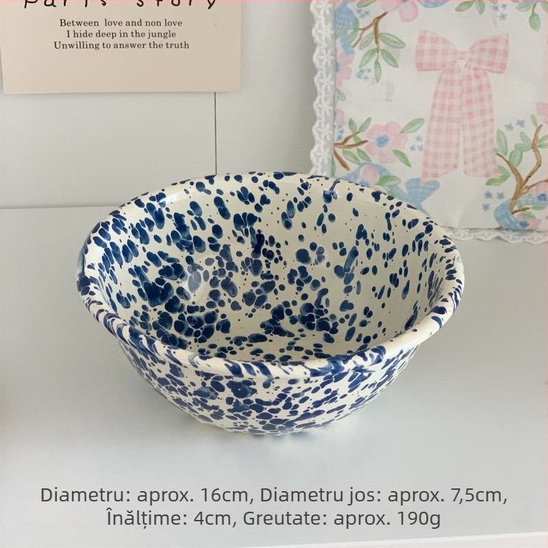 Set de veselă emailată cu model stropit, stil vintage; include farfurie de mic dejun pentru pâine, boluri pentru cereale și căni