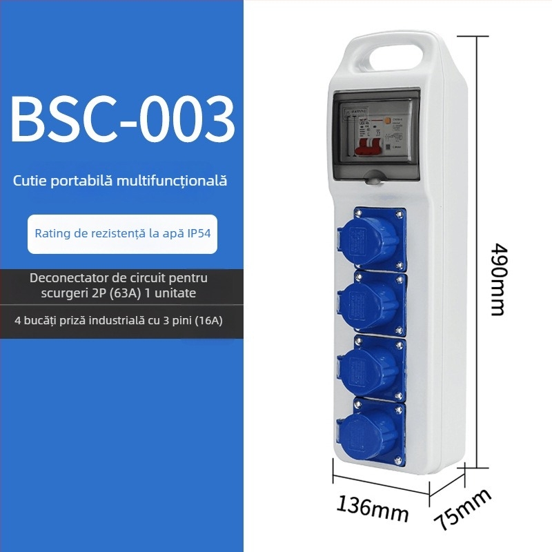 Cutie de distribuție pentru prize de șantier, trei niveluri, IP65 impermeabilă, portabilă, exterior, 6 prize, 32A