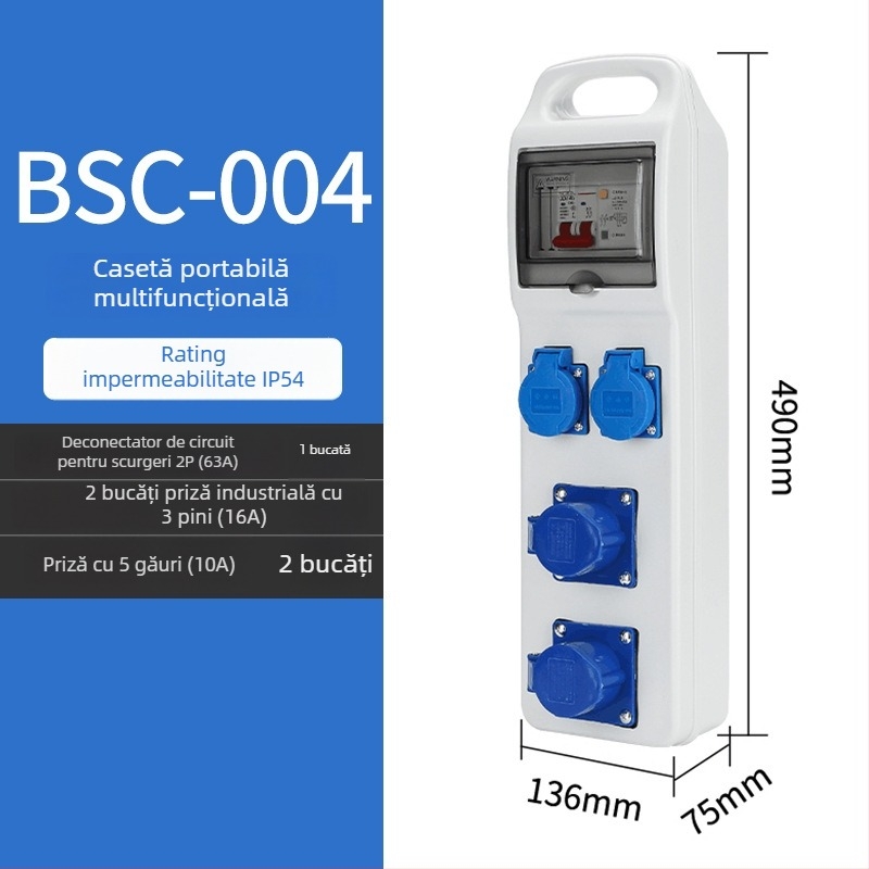 Cutie de distribuție pentru prize de șantier, trei niveluri, IP65 impermeabilă, portabilă, exterior, 6 prize, 32A