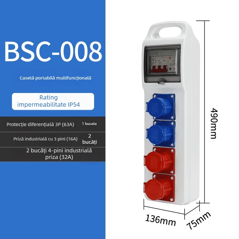 Cutie de distribuție pentru prize de șantier, trei niveluri, IP65 impermeabilă, portabilă, exterior, 6 prize, 32A