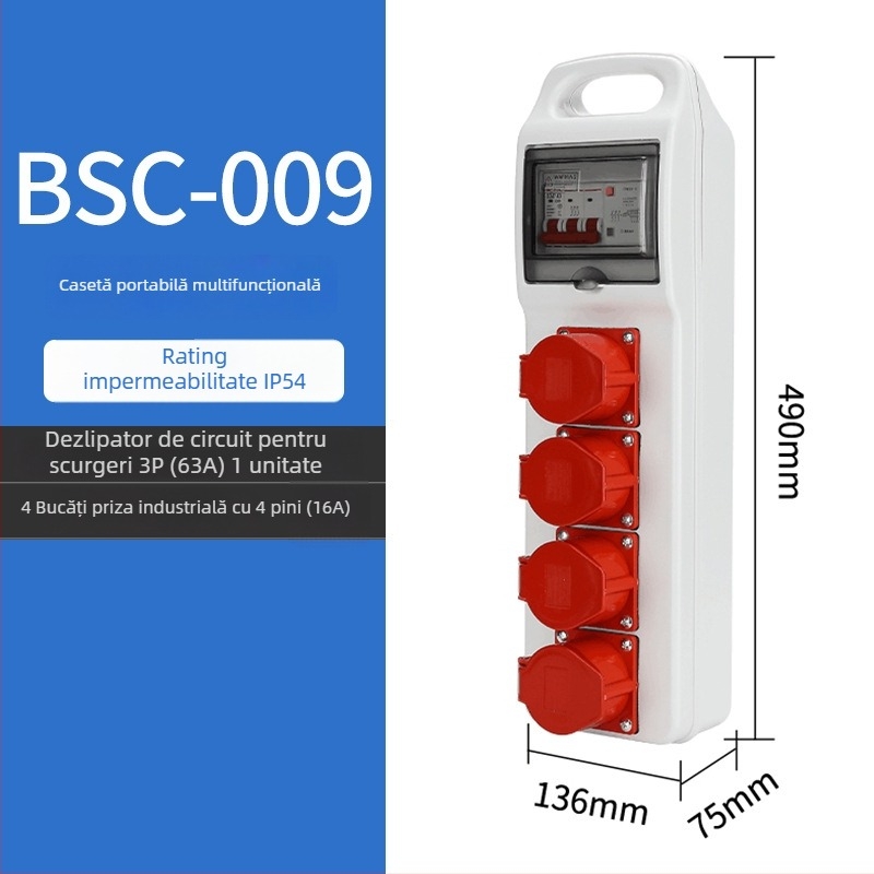 Cutie de distribuție pentru prize de șantier, trei niveluri, IP65 impermeabilă, portabilă, exterior, 6 prize, 32A