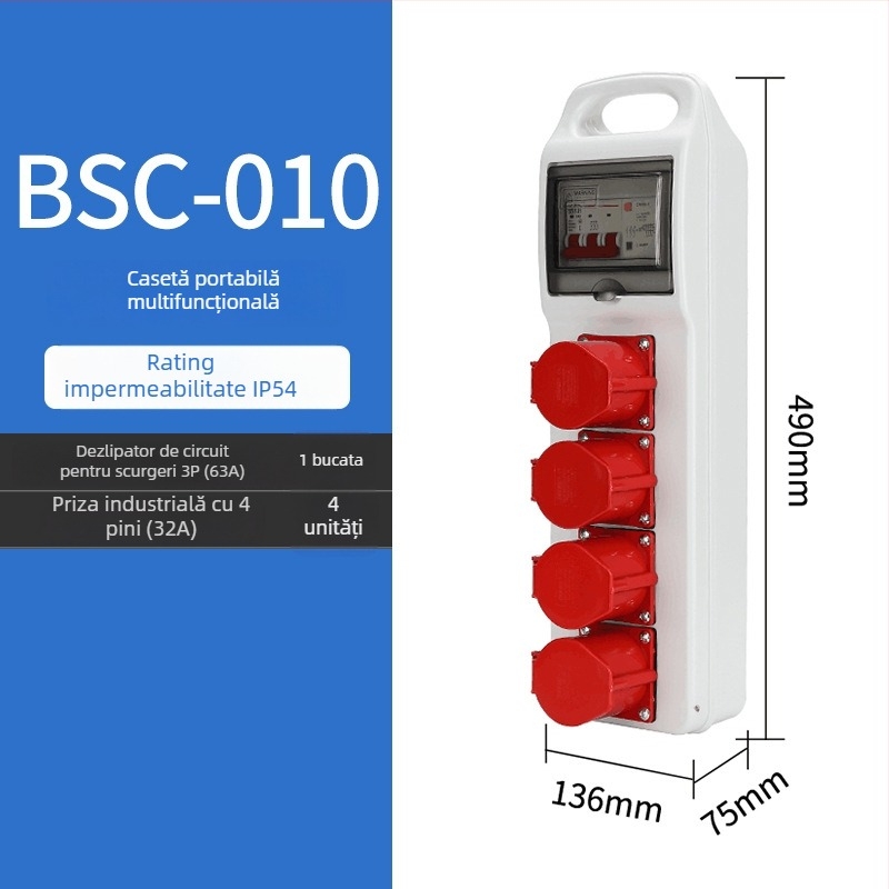 Cutie de distribuție pentru prize de șantier, trei niveluri, IP65 impermeabilă, portabilă, exterior, 6 prize, 32A