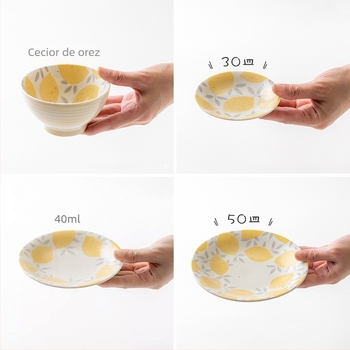 Nishida Koyu set ceramic în stil japonez, serie cu lămâie, 5 piese – farfurioare mici și boluri pentru orez, cu motiv floral