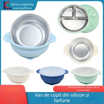 Farfurie de masă din silicon pentru copii cu divizori, set de 1 piesă, compartiment cu trei pătrate pentru pudră de lapte, potrivită copiilor de la 3 luni în sus, stil minimalist, proaspăt și drăguț