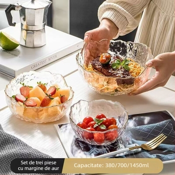Set de veselă din sticlă pentru masă: bol de salată, bol de supă, vas pentru desert și farfurie de fructe; sticlă cu rezistență la temperaturi; lucrat manual; personalizabil; stil japonez; pentru casă și cămin.
