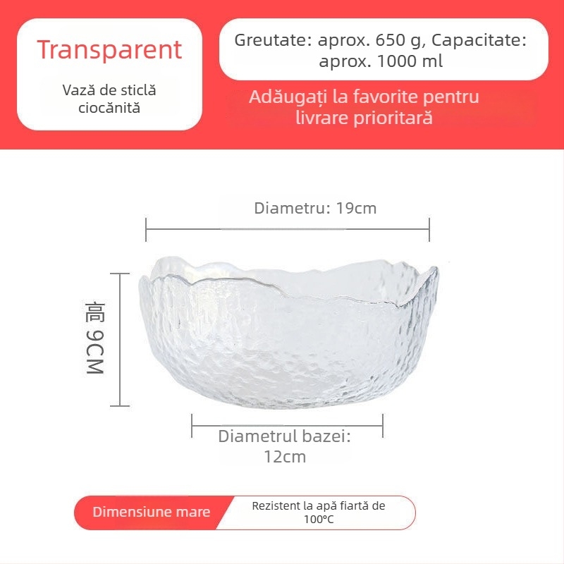 Set de veselă din sticlă pentru masă: bol de salată, bol de supă, vas pentru desert și farfurie de fructe; sticlă cu rezistență la temperaturi; lucrat manual; personalizabil; stil japonez; pentru casă și cămin.