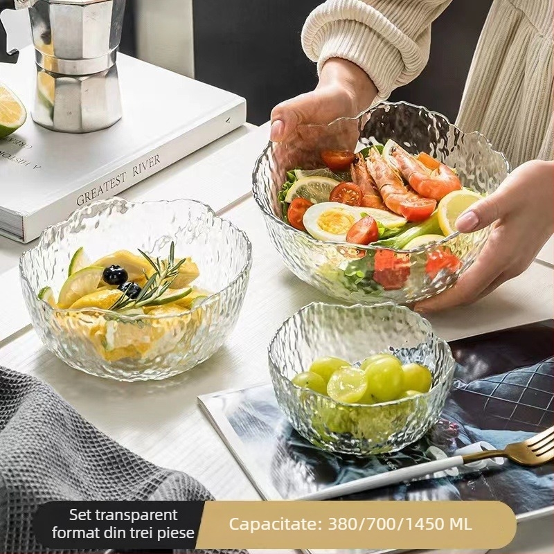 Set de veselă din sticlă pentru masă: bol de salată, bol de supă, vas pentru desert și farfurie de fructe; sticlă cu rezistență la temperaturi; lucrat manual; personalizabil; stil japonez; pentru casă și cămin.