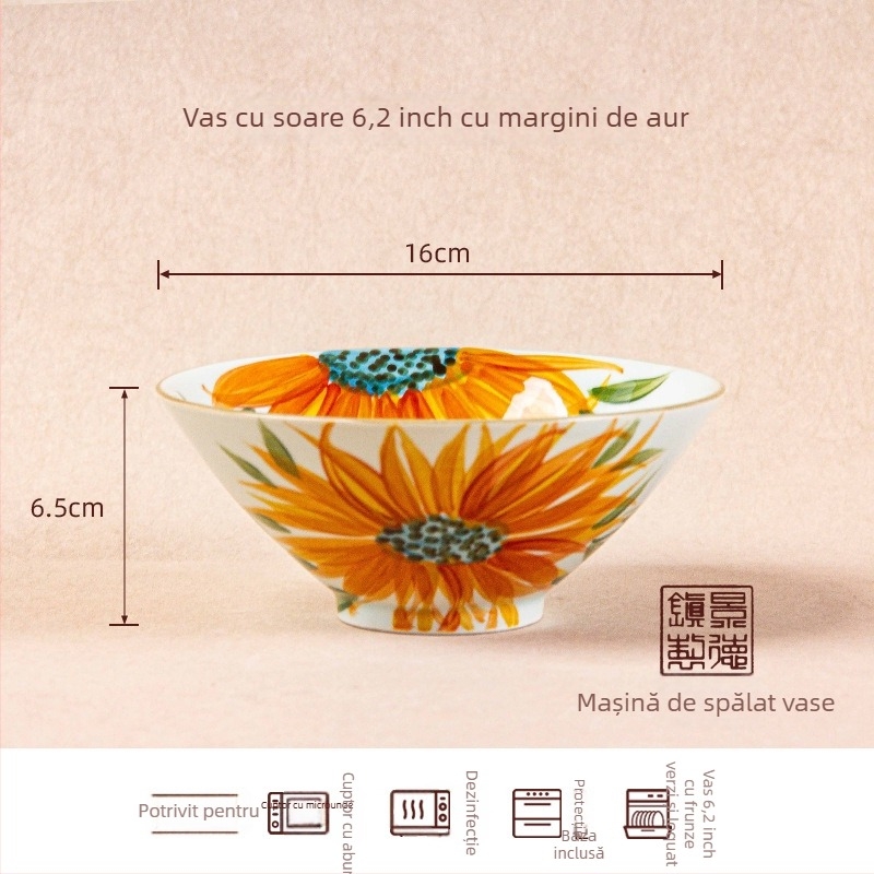 Vas ceramic, rotund, model cu flori sub glazură, compatibil cu cuptorul cu microunde, stil chinezesc nou