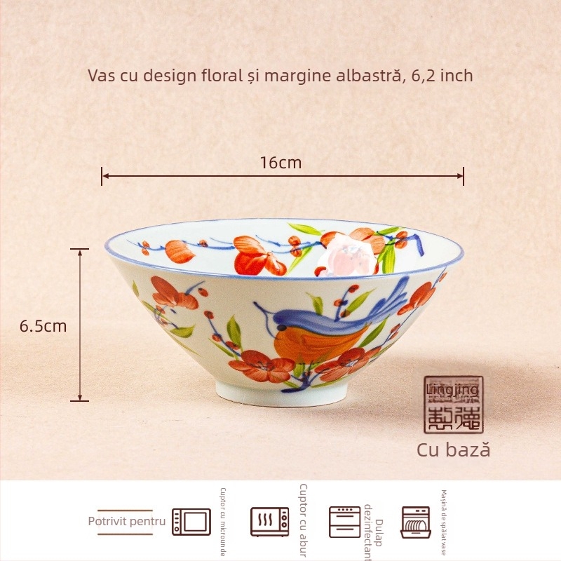 Vas ceramic, rotund, model cu flori sub glazură, compatibil cu cuptorul cu microunde, stil chinezesc nou