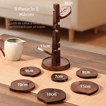 Suport de pahar din lemn de nuc, în formă de copac, cu model de frunze, covoraș termoizolant pentru masă