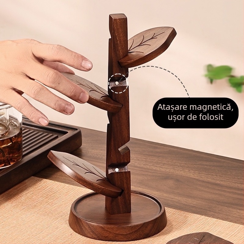 Suport de pahar din lemn de nuc, în formă de copac, cu model de frunze, covoraș termoizolant pentru masă