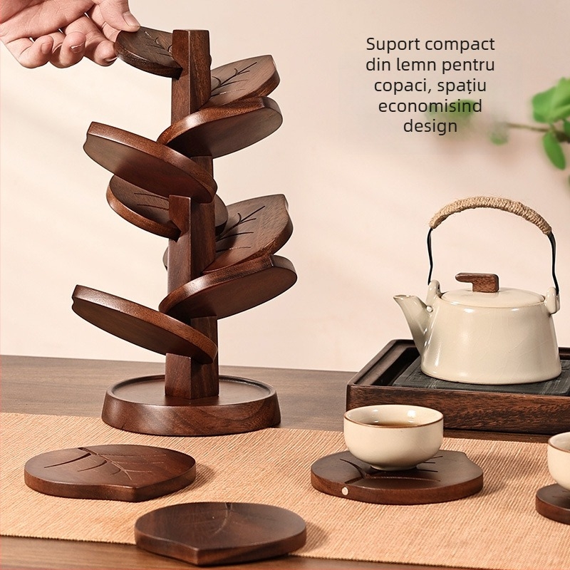 Suport de pahar din lemn de nuc, în formă de copac, cu model de frunze, covoraș termoizolant pentru masă