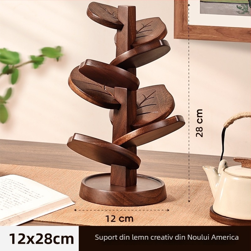 Suport de pahar din lemn de nuc, în formă de copac, cu model de frunze, covoraș termoizolant pentru masă