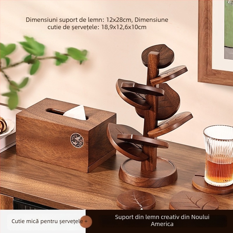 Suport de pahar din lemn de nuc, în formă de copac, cu model de frunze, covoraș termoizolant pentru masă