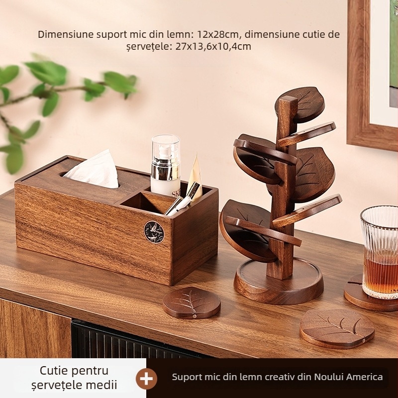Suport de pahar din lemn de nuc, în formă de copac, cu model de frunze, covoraș termoizolant pentru masă