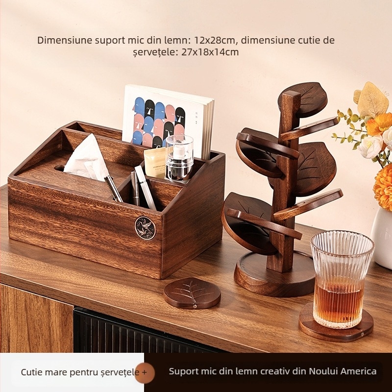 Suport de pahar din lemn de nuc, în formă de copac, cu model de frunze, covoraș termoizolant pentru masă