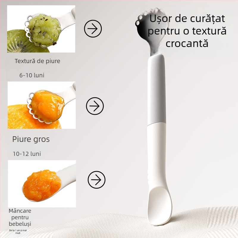 Lingură pentru hrănire a copiilor – cu vârfuri duble, oțel inoxidabil, stil simplu, potrivită pentru copii peste 3 luni