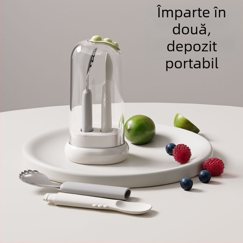 Lingură pentru hrănire a copiilor – cu vârfuri duble, oțel inoxidabil, stil simplu, potrivită pentru copii peste 3 luni