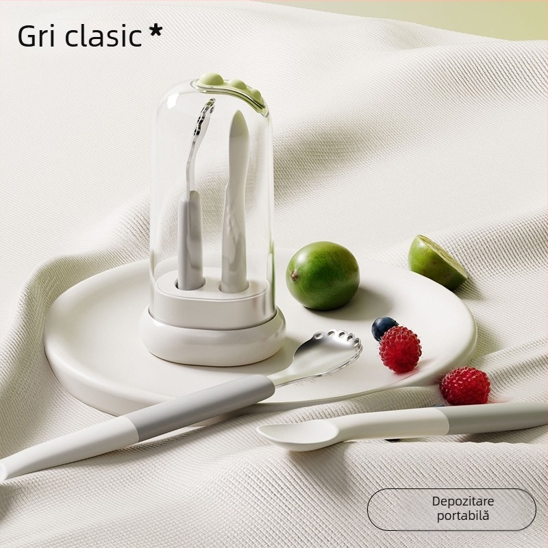 Lingură pentru hrănire a copiilor – cu vârfuri duble, oțel inoxidabil, stil simplu, potrivită pentru copii peste 3 luni