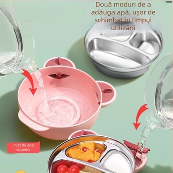 Farfurie divizată pentru copii cu ventuză, oțel inoxidabil 316, umplută cu apă și izolată, set cu cutie pentru lapte cu două compartimente, pentru 1-6 ani