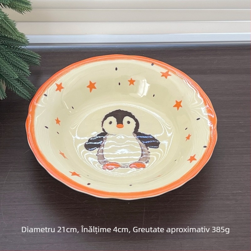 Set de boluri și farfurii din porțelan cu motiv fructe și legume, formă circulară, suprafață glazurată, potrivit pentru cuptorul cu microunde