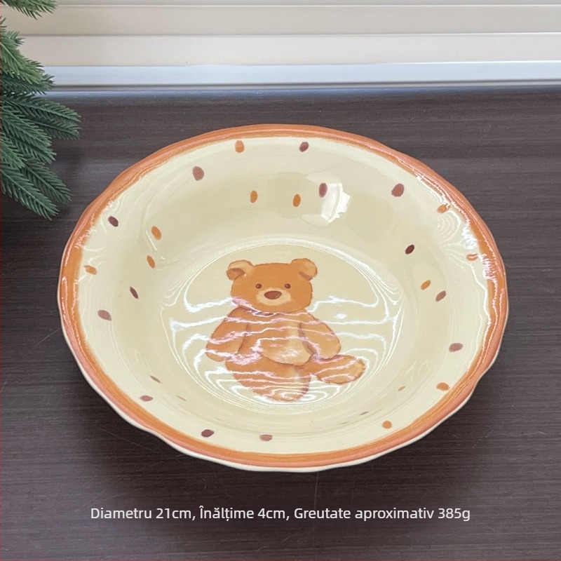 Set de boluri și farfurii din porțelan cu motiv fructe și legume, formă circulară, suprafață glazurată, potrivit pentru cuptorul cu microunde