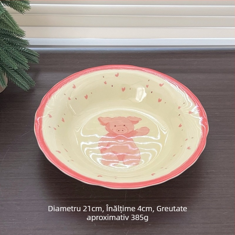 Set de boluri și farfurii din porțelan cu motiv fructe și legume, formă circulară, suprafață glazurată, potrivit pentru cuptorul cu microunde