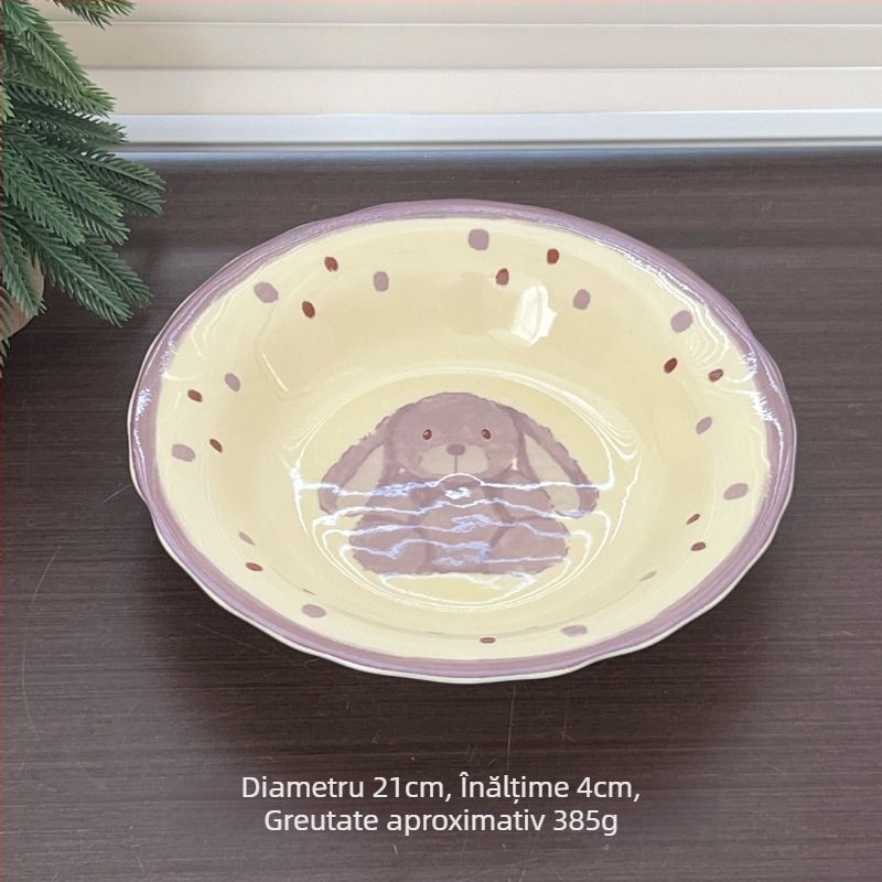 Set de boluri și farfurii din porțelan cu motiv fructe și legume, formă circulară, suprafață glazurată, potrivit pentru cuptorul cu microunde