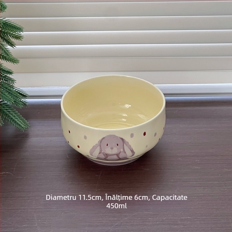 Set de boluri și farfurii din porțelan cu motiv fructe și legume, formă circulară, suprafață glazurată, potrivit pentru cuptorul cu microunde