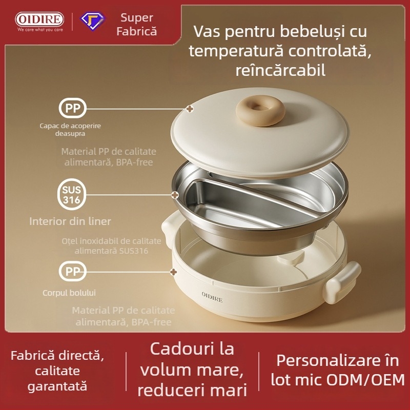OIDIRE bol wireless cu temperatură constantă pentru sugari și copii, din oțel inoxidabil, bol izolat de încălzire, reîncărcabil