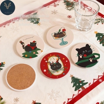 Suport de pahar ceramic circular cu spate din plută, pisică de Crăciun în stil desen animat, fotografie personalizată cu randări gratuite