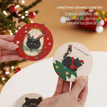 Suport de pahar ceramic circular cu spate din plută, pisică de Crăciun în stil desen animat, fotografie personalizată cu randări gratuite