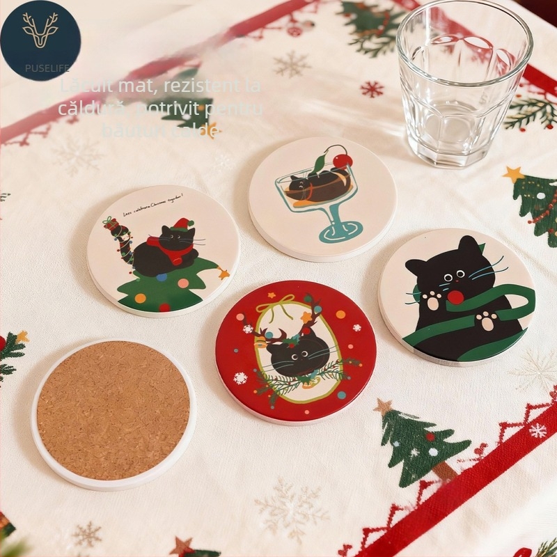 Suport de pahar ceramic circular cu spate din plută, pisică de Crăciun în stil desen animat, fotografie personalizată cu randări gratuite