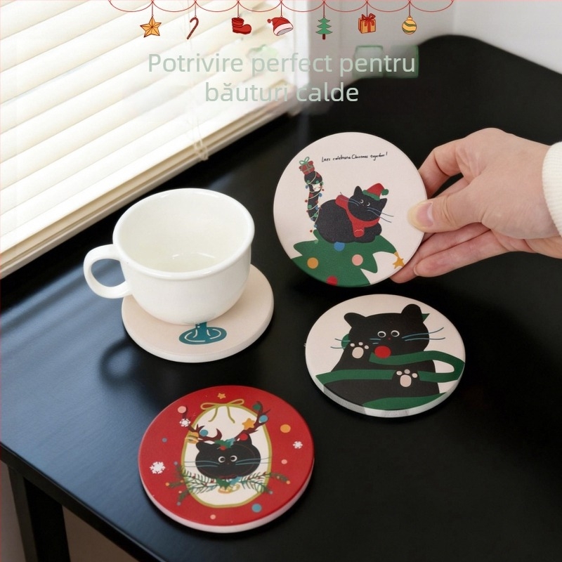 Suport de pahar ceramic circular cu spate din plută, pisică de Crăciun în stil desen animat, fotografie personalizată cu randări gratuite