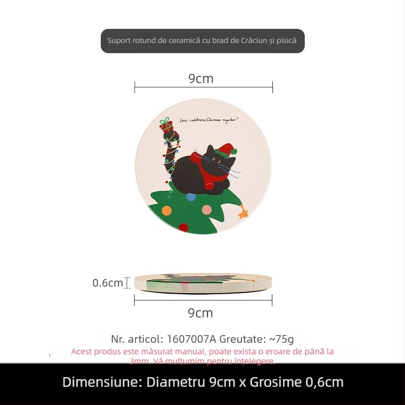 Suport de pahar ceramic circular cu spate din plută, pisică de Crăciun în stil desen animat, fotografie personalizată cu randări gratuite