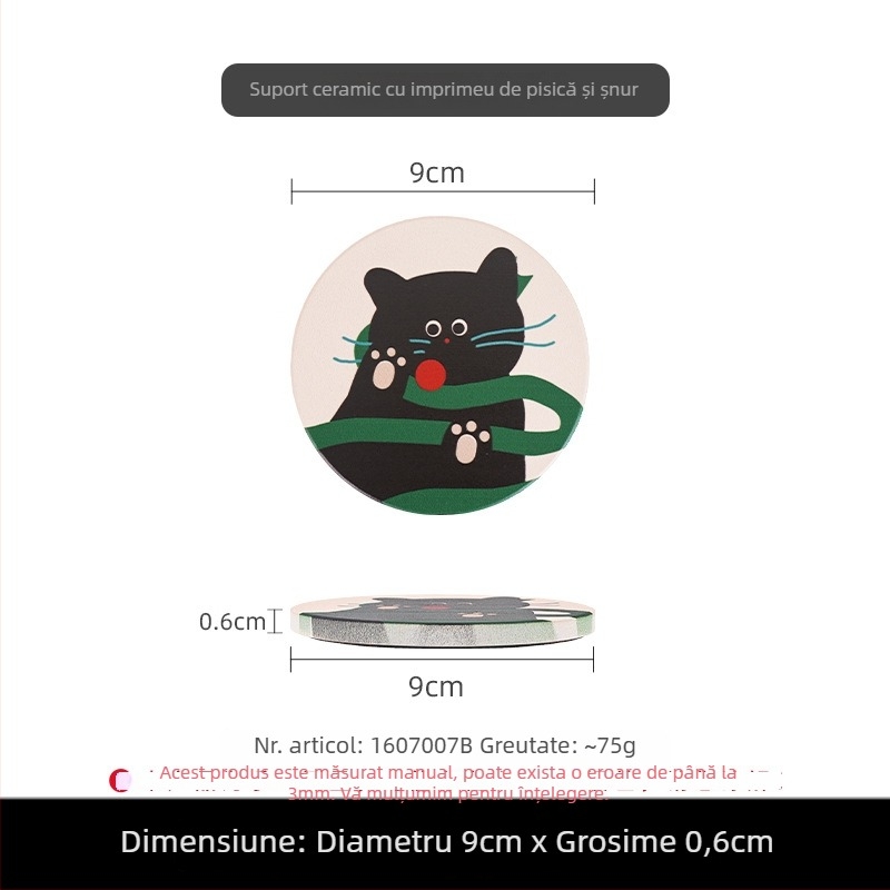 Suport de pahar ceramic circular cu spate din plută, pisică de Crăciun în stil desen animat, fotografie personalizată cu randări gratuite