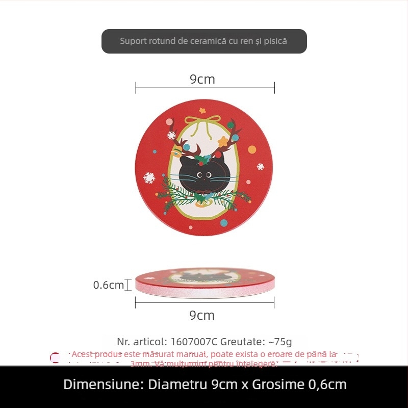 Suport de pahar ceramic circular cu spate din plută, pisică de Crăciun în stil desen animat, fotografie personalizată cu randări gratuite