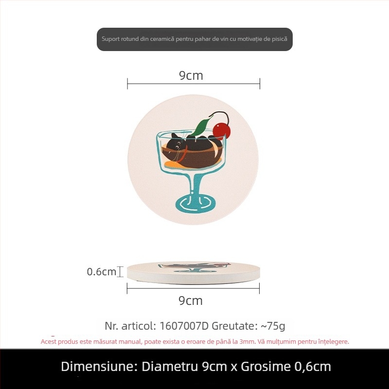 Suport de pahar ceramic circular cu spate din plută, pisică de Crăciun în stil desen animat, fotografie personalizată cu randări gratuite