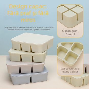 Șorț din silicon pentru cuburi de gheață pentru hrana bebelușilor și cutie de depozitare a alimentelor, anti-miros, silicon alimentar, sigur pentru congelator, stil minimalist, set de 1 bucată, potrivit de la 6 luni