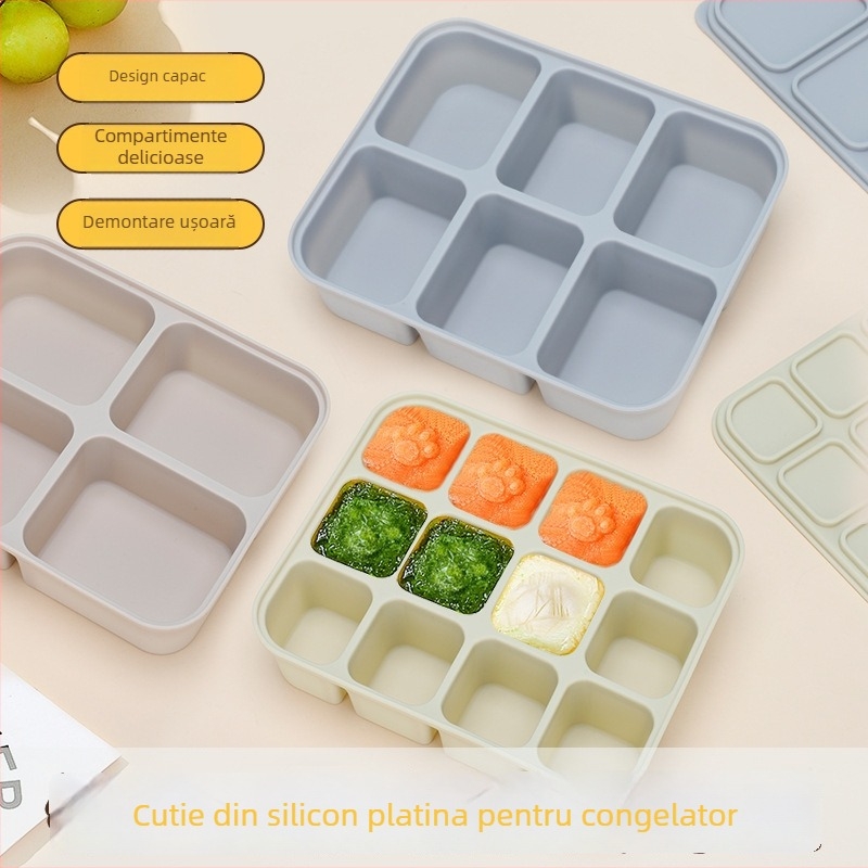 Șorț din silicon pentru cuburi de gheață pentru hrana bebelușilor și cutie de depozitare a alimentelor, anti-miros, silicon alimentar, sigur pentru congelator, stil minimalist, set de 1 bucată, potrivit de la 6 luni