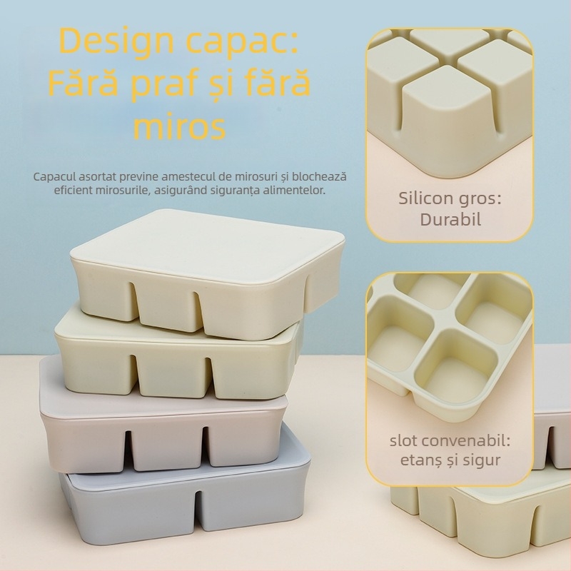 Șorț din silicon pentru cuburi de gheață pentru hrana bebelușilor și cutie de depozitare a alimentelor, anti-miros, silicon alimentar, sigur pentru congelator, stil minimalist, set de 1 bucată, potrivit de la 6 luni