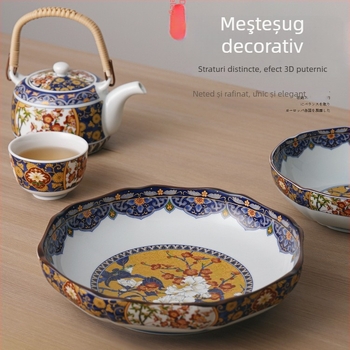 Guiwanli set ceramic farfurii cu motiv bujor și pasăre, stil palat, detalii metalice gravate, pachet de cinci bucăți