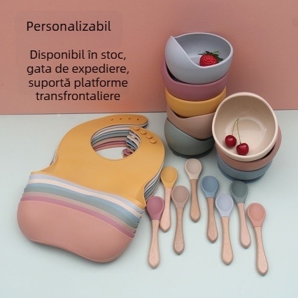 Set de masă din silicon pentru sugari, cu bavă, bol și linguriță – cutie cu patru compartimente, 4 piese KS-359