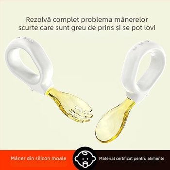 Lingură și furculiță pentru copii cu mâner inel, silicon, de la 6 luni în sus, 1 set