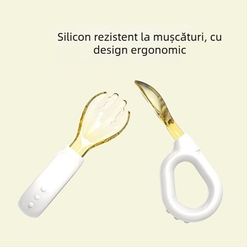 Lingură și furculiță pentru copii cu mâner inel, silicon, de la 6 luni în sus, 1 set